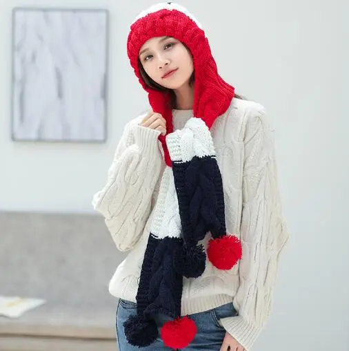 Новая зимняя шапка в Корейском стиле, соединяющаяся с шарфом, женские вязаные шапки, зимние наборы с шарфом, утолщенные