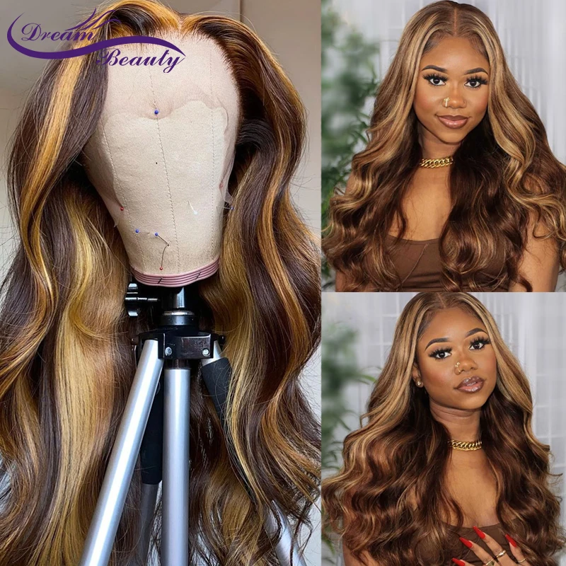 Highlight Blonde 13X4 Lace Front Wigs 180% Brazilian Remy Wavy Human Hair Wigs For Women #4/27 Blonde 4x4 Lace Closure
