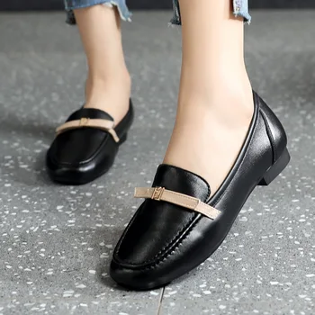 

2020 Women Flats Shoes Genuine Leather Soft Brand Casual Shoes For Women Metal Buckle Daily Party Footwear