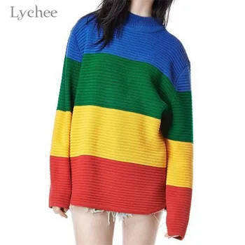 

Lychee Harajuku Rainbow Stripe Women Sweater Top Jumper Colorblock Lady Sweaters Crew Neck Women Sweater Top Jumpers