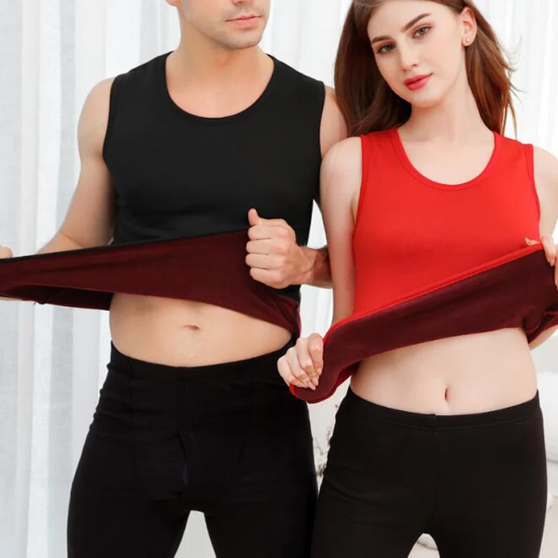 

2019 New Fashion Men Women Warm Sweater Vest Plus Velvet Thick Thermal Underwear Vest Round Neck Sweater Stretchsize
