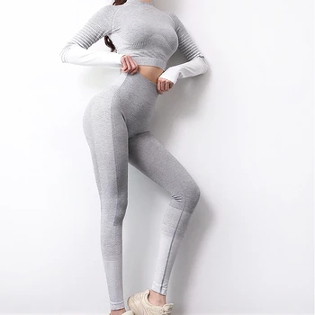 O Neck Stretch Full Sleeve Crop Tops+Skinny Leggins two Pieces Sets Women Spring Sportswear Set 4