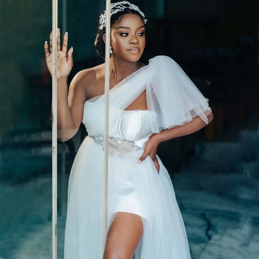 『Cheap!!!』- YiMinpwp White Wedding Dresses for Bride Bridal Robes One
Shoulder Side Split Floor Length A Line Sash vestidos de novia