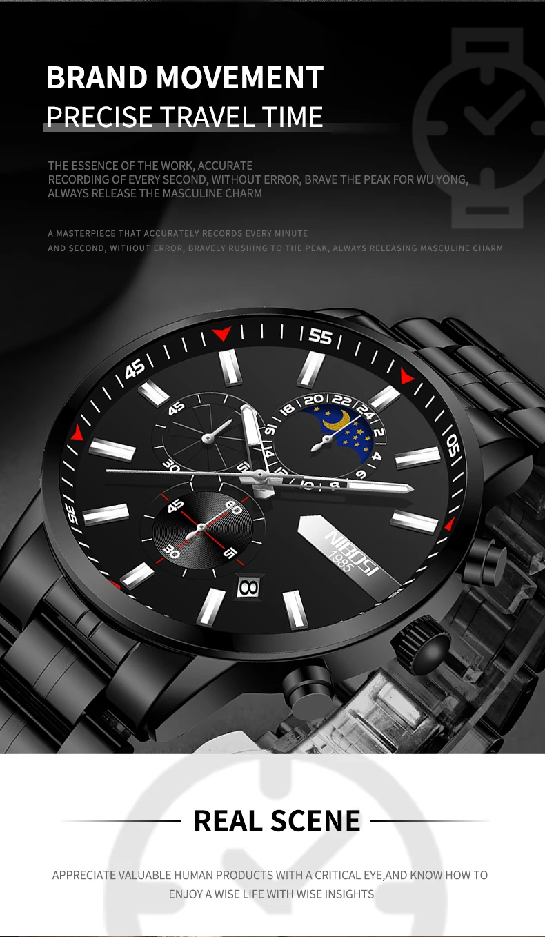 2021 New NIBOSI Brand Fashion Watch For Men Quartz Sports Stainless Steel Waterproof Chronograph Mens Watches Relogio Masculino