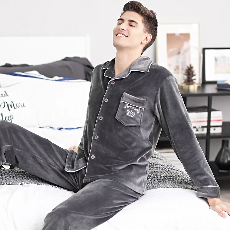 Пижамный комплект для мужчин, зимний теплый спальный костюм, королевский синий минималистичный стиль, супер мягкий вельветовый пижамный комплект высокого качества для мужчин, Новинка