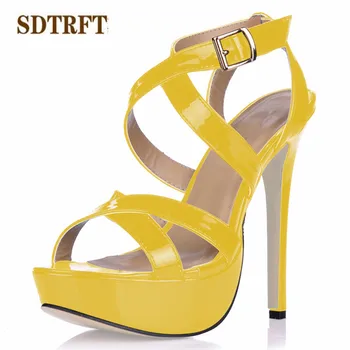 

SDTRFT Summer Stiletto Nightclubs Peep Toe Sandals Ankle strap shoes woman 14cm Thin Heels Female Patent Leather Buckle Pumps