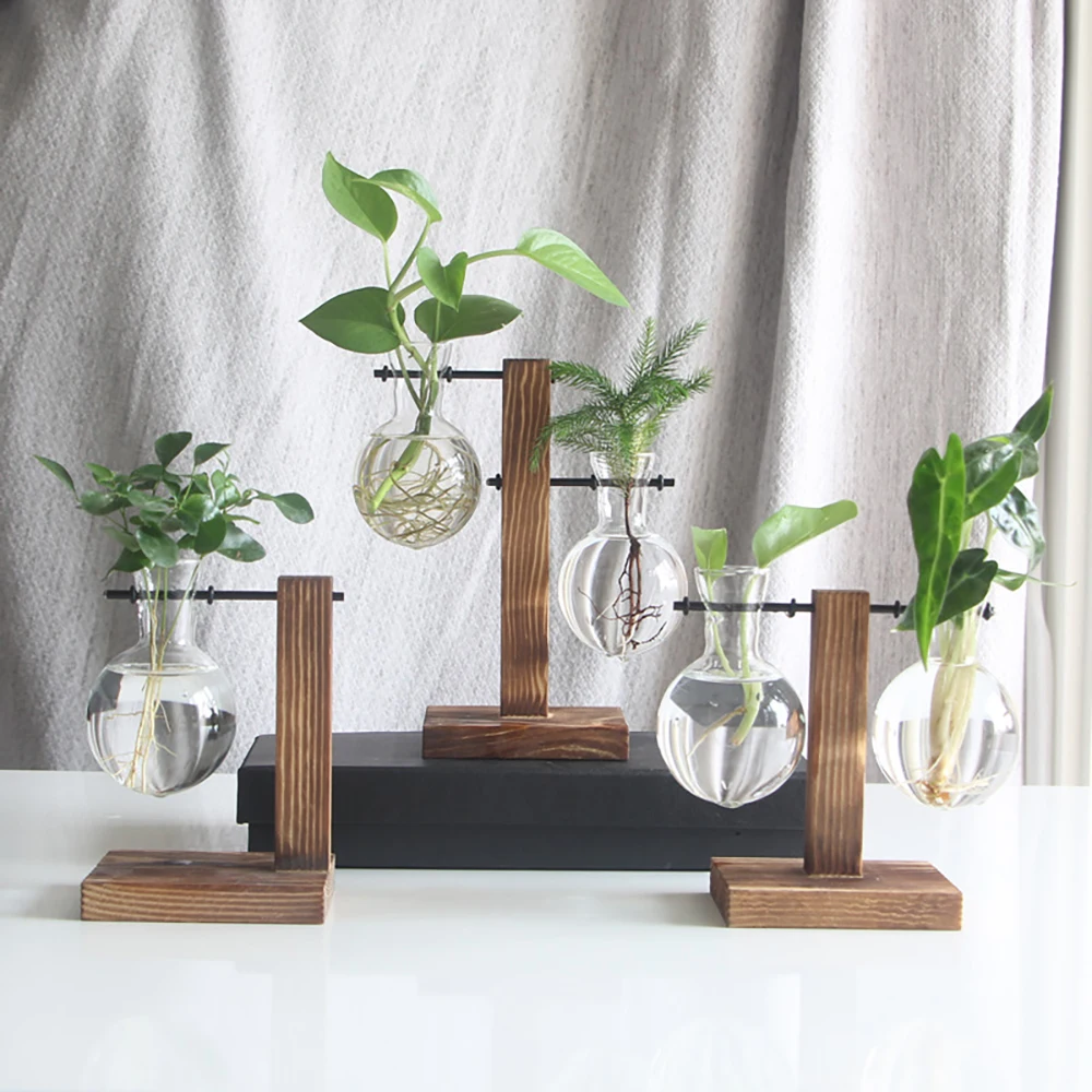 Гидропонные вазы для растений, винтажный цветочный горшок, прозрачная ваза, деревянная рамка, стеклянные настольные растения, домашний бонсай, Декор, высокое качество