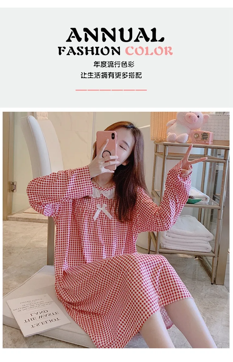 Spring Autumn Casual Plaid Cotton Nightgowns for Women Long Sleeve Loose Night Dress Home Dress Sleepwear Nightdress Nighty