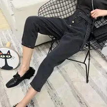 Женские черные рваные джинсы с карманами, винтажные женские свободные штаны-шаровары с высокой талией, повседневные джинсы на пуговицах, большие размеры