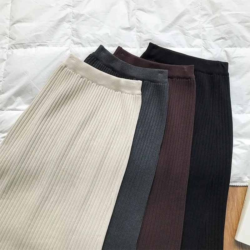 HXJJP Autumn Winter Knitted Skirt Women's New Mid Length High Waist Thin Solid Color Buttock Skirt