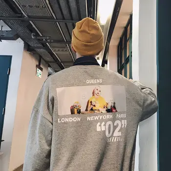 

Men's Fleece Round Collar Loose Off Printing Long Sleeve Tees Youth Set of Head Wave Korean-style Free Shipping Streetwear New