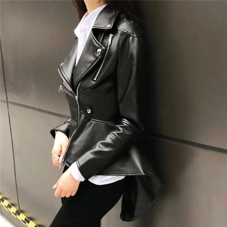 Осенняя Женская Черная Куртка из искусственной кожи женские черные Асимметричные женские куртки уличная куртка на молнии