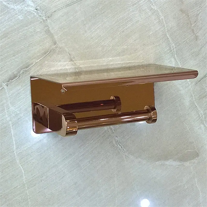 Copper Toilet Paper Holder Solid Brass Bathroom Tissue Roll Rack Bath Hardware Shelf Rose Gold Wall Mounted Nail Punched