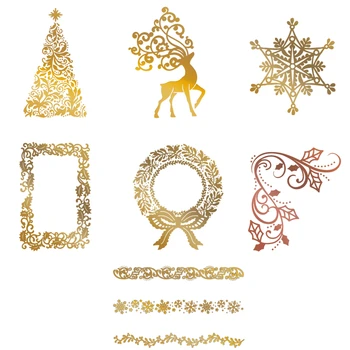 

Christmas Set Fancy Tree Elk Snowflake Holly Decor Wreath Frame Lace Border Hot Foil Plates For Scrapbooking DIY Paper New Cards