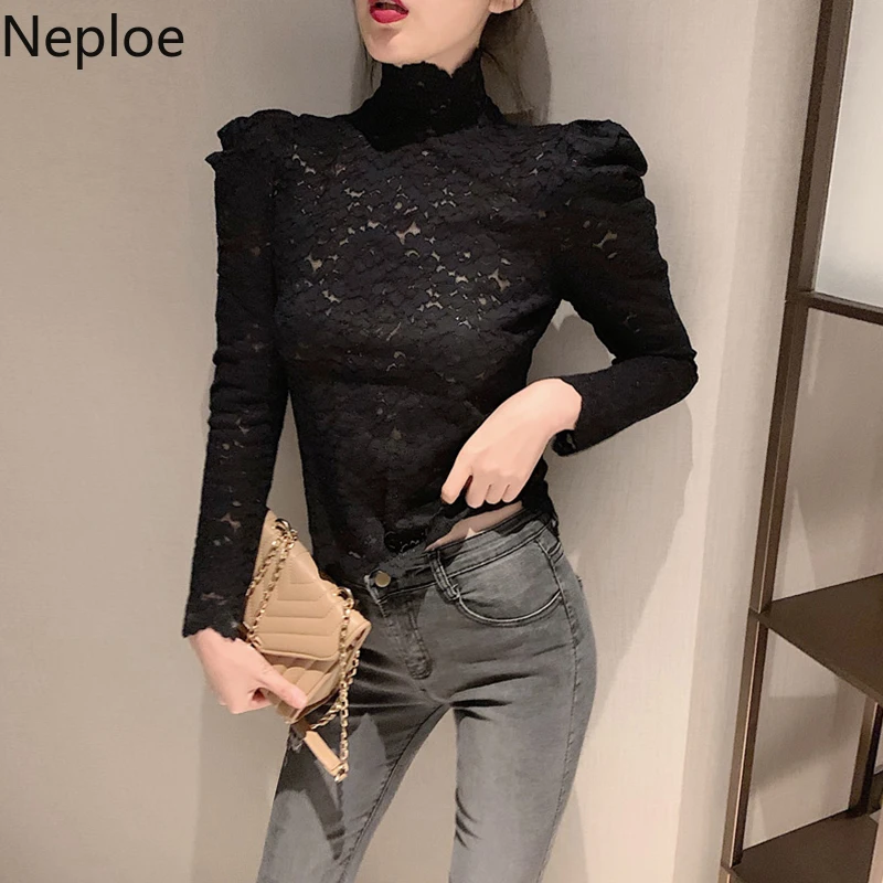 Neploe, пуловеры с кружевным низом,, осень, зима, тонкие, одноцветные, марлевые Джемперы, корейский, половина, водолазка, длинный рукав, тонкий свитер, 55596