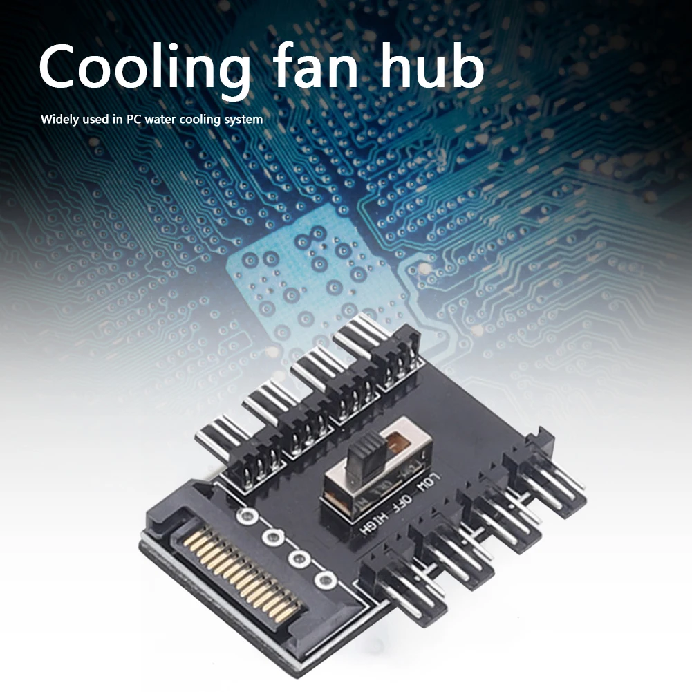 PC SATA 1 to 8 Splitter Cooling Fan Hub with 3Pin 12V SATA Power Socket, PCB Adapter, and 3-Speed Governor for Computer Case Fan Hub Board Description Image.