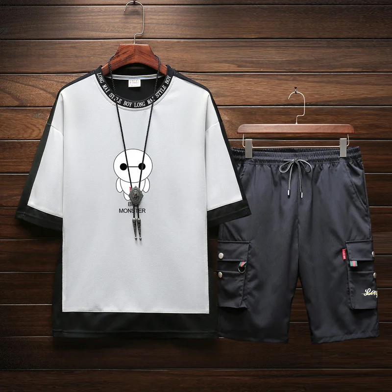 

2019 Summer New Style Japanese-style Casual White Printed Large Size Short Sleeve T-shirt Short Bib Overall Set Men's Tz811