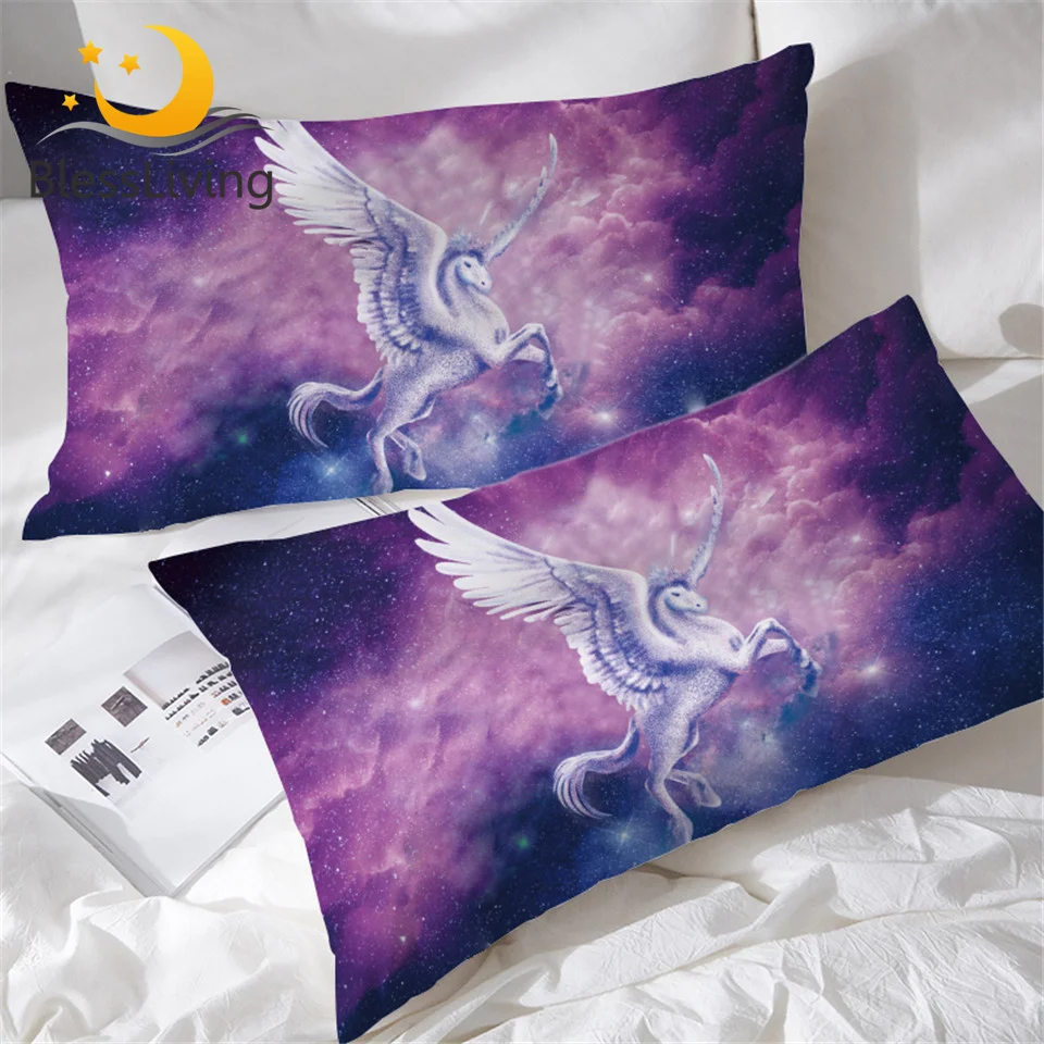 

BlessLiving Unicorn Pillowcase Flying Horse with Wings Pillow Case Psychedelic Space Pillow Cover Romantic Purple Nebula Bedding