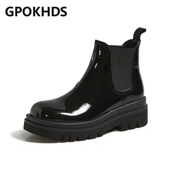

GPOKHDS 2021 women Ankle boots Cow leather winter short plush Round Toe Elastic band Med heels female Chelsea boots size 43