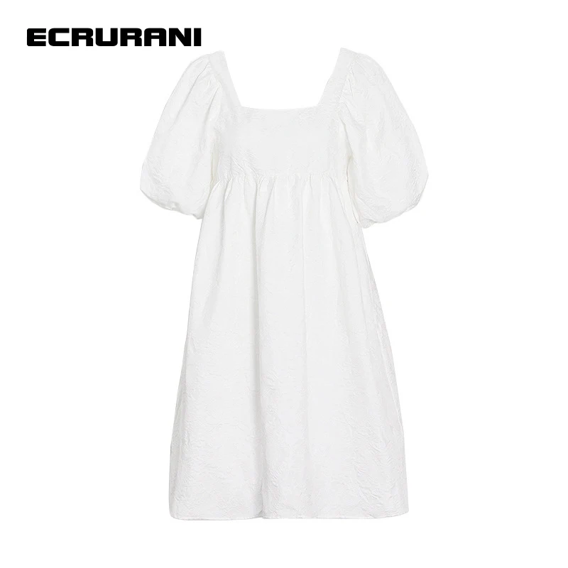 

ECRURANI Elegant White Dresses For Women Square Collar Puff Half Sleeve High Waist Solid Casual Mini Dresses Females 2021 Summer
