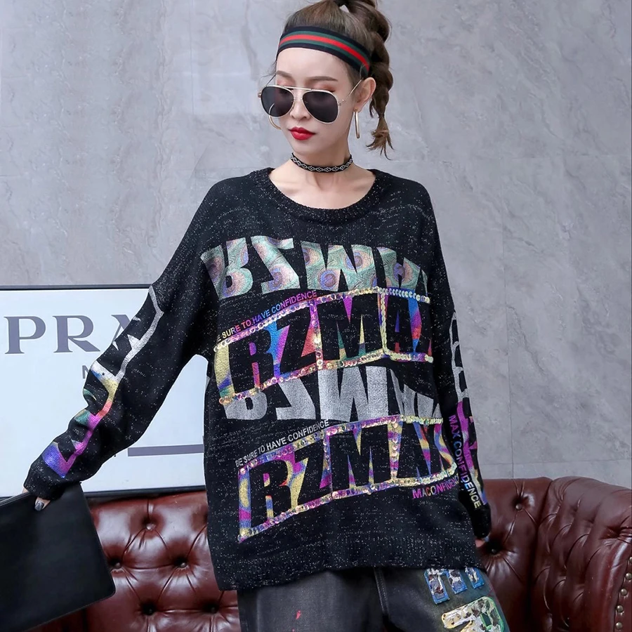 

Punk Rock Style Letter Bronzing Oversized Sweater Women Clothes Loose Plus Size Pullover Knitted Sweater Top Autumn Winter New