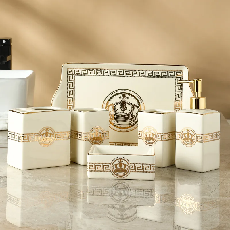 Bathroom Accessories Set Ceramic Soap Dispensers Toothbrush Holder Gargle Cups With Tray Trash Can Tissue Box Wedding Gifts