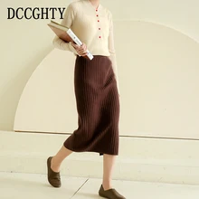 Зимняя женская трикотажная юбка с высокой талией, эластичные прямые ребристые юбки средней длины, Женские однотонные элегантные мягкие юбки с разрезом для женщин