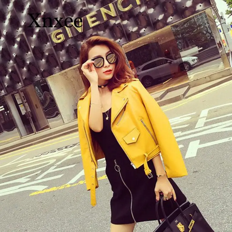

Punk Yellow Spring Autumn Fashion Women Leather Jacket Short Solid Color Women Jacket Lapel Long Sleeve Women Leather Jacket