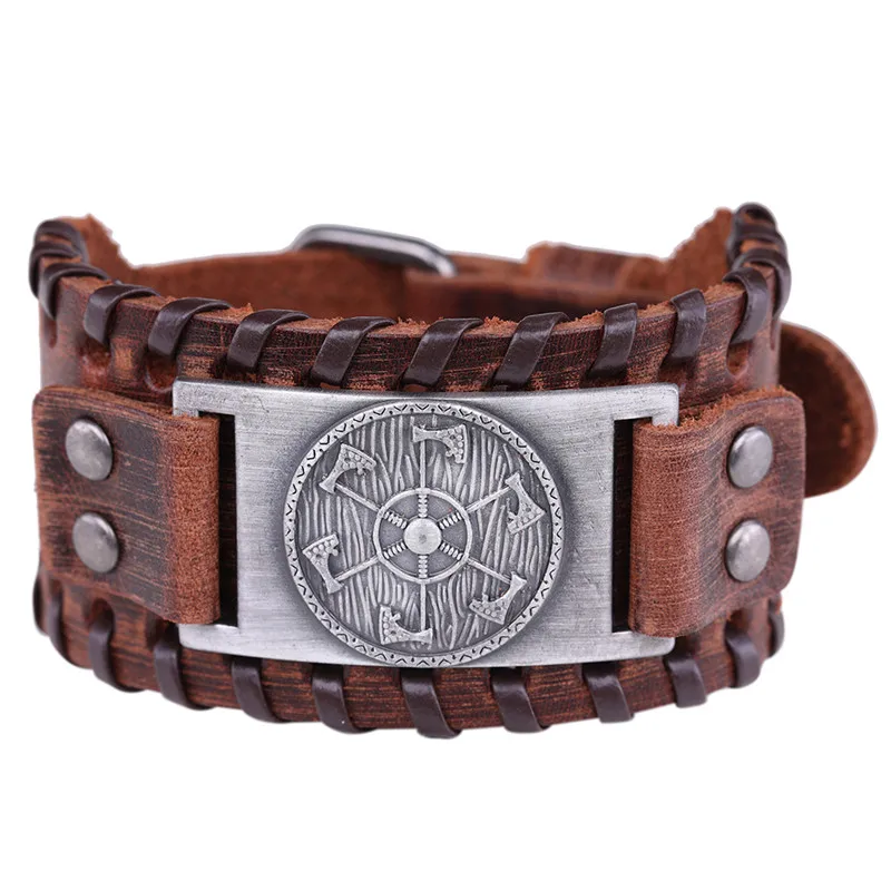 wide brown-silver Skyrim Викинг подвеска в виде топора широкий кожаный браслет браслеты скандинавские мифологические скандинавские славянские амулет Коловрат Wicca Pulseira ювелирные изделия - Окраска металла: wide brown-silver