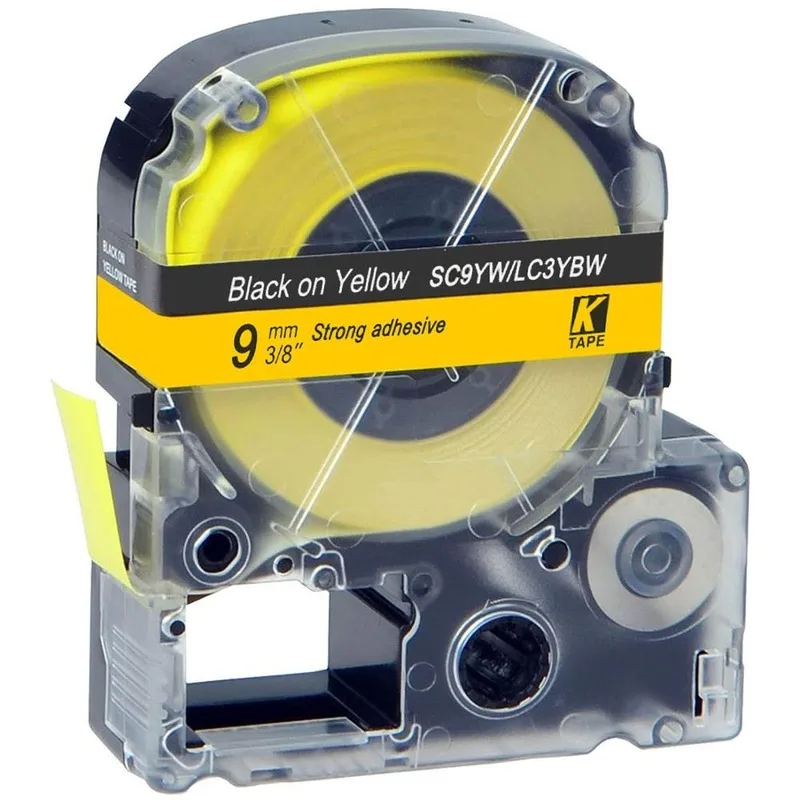 9mm 검정색 노란색 SC9YW 호환 Epson KingJim 라벨 프린터 LC-3YBW 라미네이트 라벨 테이프 리본 LC3YBW LW-300 용 400