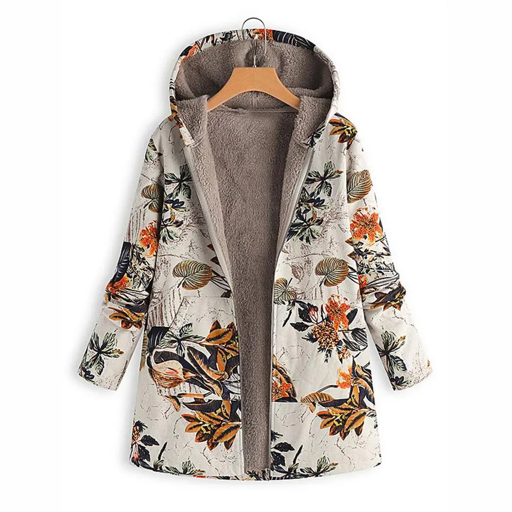 Женская мода зима с капюшоном с длинным рукавом на молнии осень, Цветочный Повседневный карман с принтом куртка