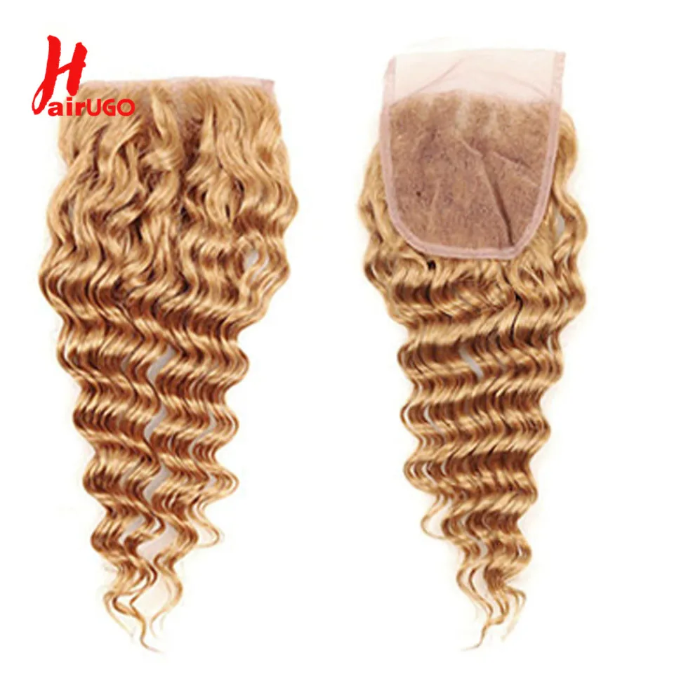 Human Hair Closure HairUGo Brazilian 27# Honey Blonde Deep Wave Human Hair Closure 4x4 Body Wave Lace Closure 100% Human Hair With Baby Remy
