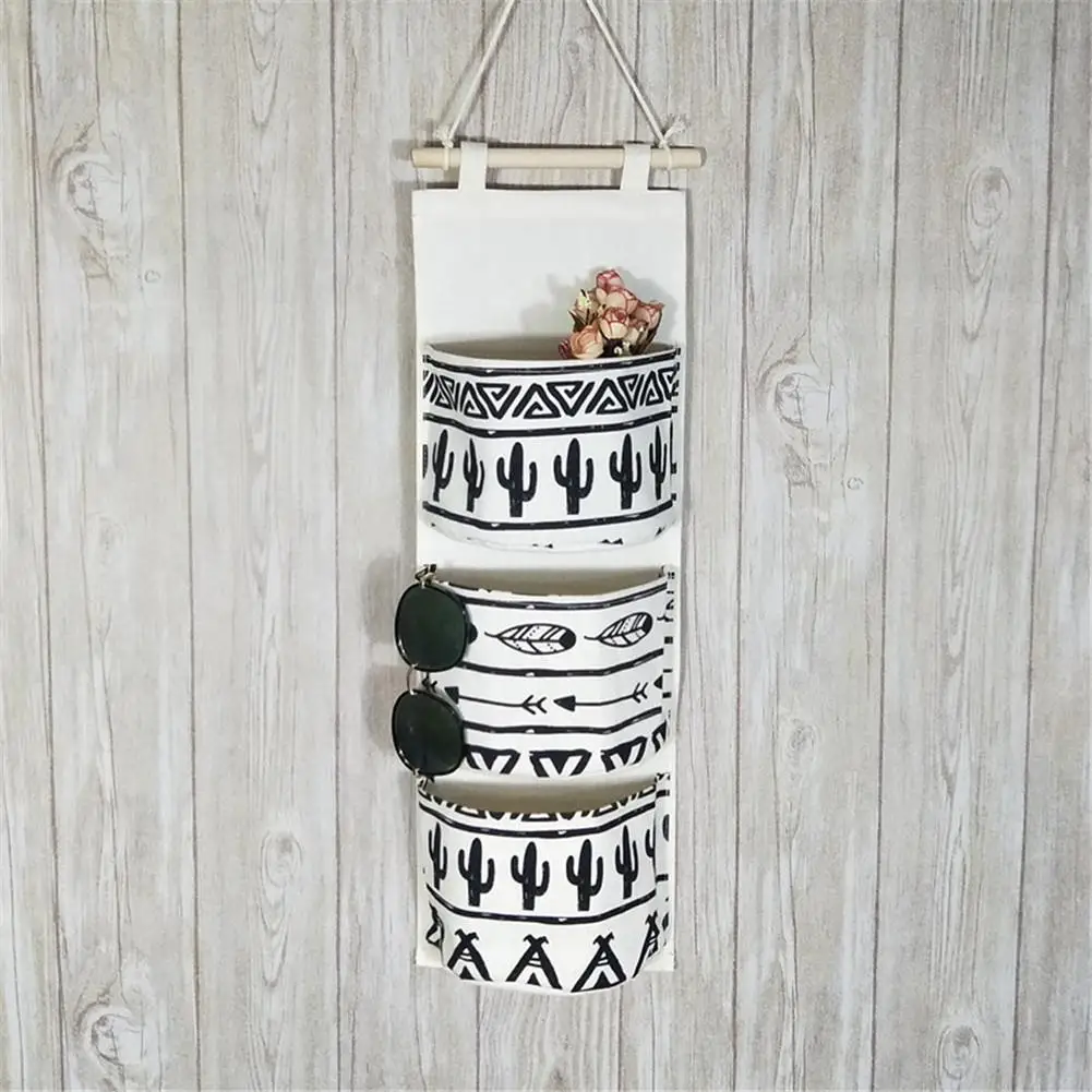 3 Pockets Cotton Linen Hanging Storage Bag Black White Pattern Wall Mounted Wardrobe Hang Bag Wall Pouch Cosmetic Toy Organizer