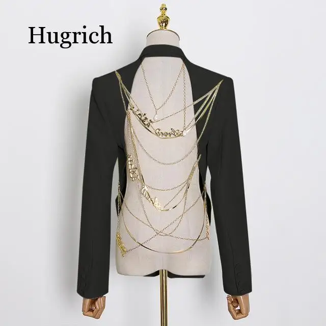 Blazer for Women Notched Collar Long Sleeve Backless Sequined Chains Designer Coats Female 2021 Fashion New Tide