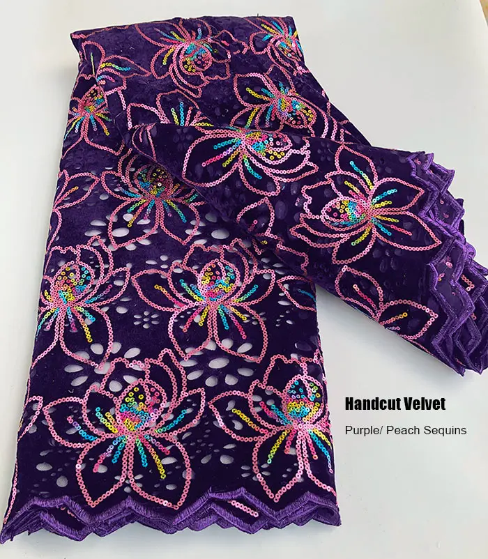 purple 5 ярдов handcut бархатное кружево с разноцветными блестками блестящая африканская швейная одежда из ажурной ткани с отверстиями высокого качества - Цвет: purple