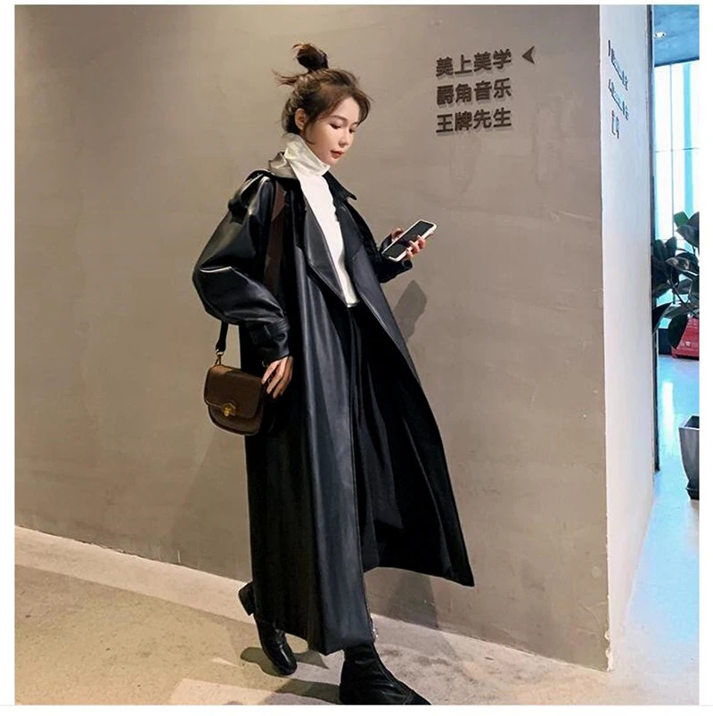 long bubble coat Nerazzurri Spring Black Oversized Long Waterproof Leather Trench Coat for Women 2021 Long Sleeve Loose Korean Fashion Clothing warmest winter coats for women