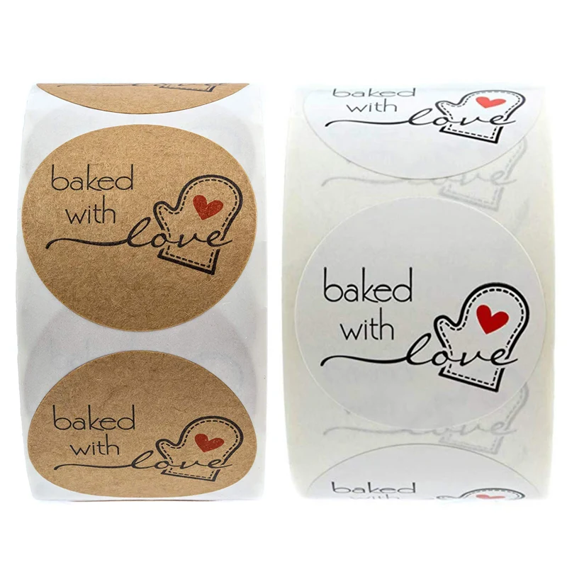 

500Pcs Brown White Kraft Baked with Love Stickers with Glove and Red Heart for Bakery Labels Bread Cake Cookie Food Package