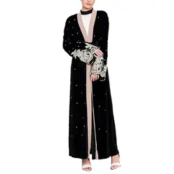 Мусульманская Мода Одежда с бусами Открыть стежка Костюмы плюс Размеры кружева сращиваются футболка контрастных цветов халат с длинным