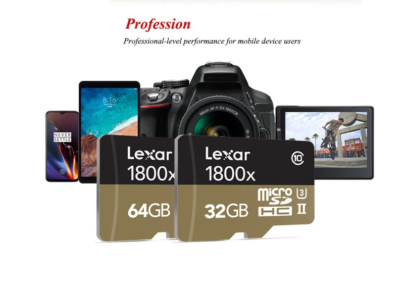 Lexar Professional 1800x Micro SD Card UHS-II TF Card 64GB 32GB Up to 270MB/s U3 Class10 Memory Card Flash Card for 4K Camera