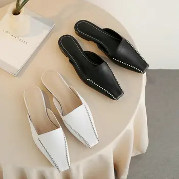 

Retro Square Toe Mules Shoes Women Genuine Leather Flat Slippers Female White Black Spring New Shoes Size 33-41 Lazy Shoes