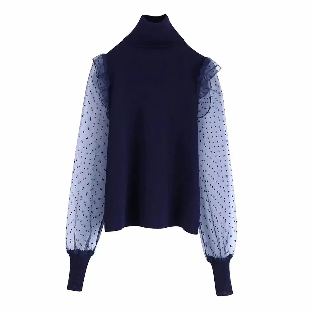 Увядшие зимние свитера для женщин pull femme england high street трикотажные сетчатые сплайсинговые свитеры с высоким воротником женские пуловеры Топы - Цвет: Тёмно-синий