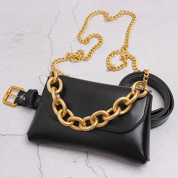 

Women gold chian belt metal gold color runway brand designer belt with pocket black belts fashion cinturon mujer