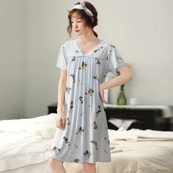 

V-neck Nightgowns for Summer Short-sleeved Sexy Sleepwear Modal Fabric Cotton Modal Mid-length Plus Size Lingerie Sleepwear
