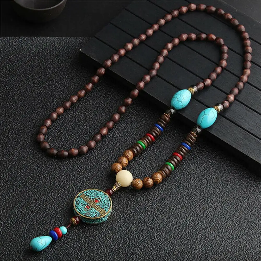 Unisex Handmade Long Necklace Nepal Buddhist Mala Wood Beads Pendant Peace Necklace Hippie Style Ethnic Men Women Lucky Jewelry 3