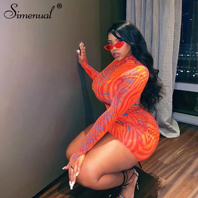 Tanie Simenual wydrukowano Sexy Fashion 2019 Mini sukienka kobiety z długim rękawem jesień gorąca impreza sukienki bandażowe typu bodycon Skinny Slim kobieta Clubwear nowy