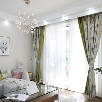 

Rural American Abstract Printing Fog Blue Cotton and Hemp Shade Curtains for Living Dining Room Bedroom.