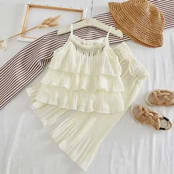 

Toddler Baby Kids Girls Solid Ruffles Strap Tops Pants Trousers Set Outfits