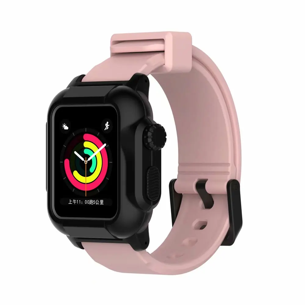 Водонепроницаемый чехол+ ремешок для Apple Watch band 3 2 iwatch band 42 мм часы с силиконовым ремешком+ Защитная крышка аксессуары - Цвет ремешка: Pink Black case