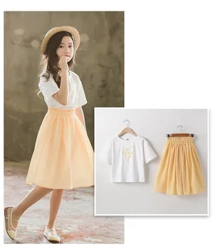 

Girls summer suit summer dress new short-sleeved skirt girls big children skirt two sets of yellow comfortable and beautiful