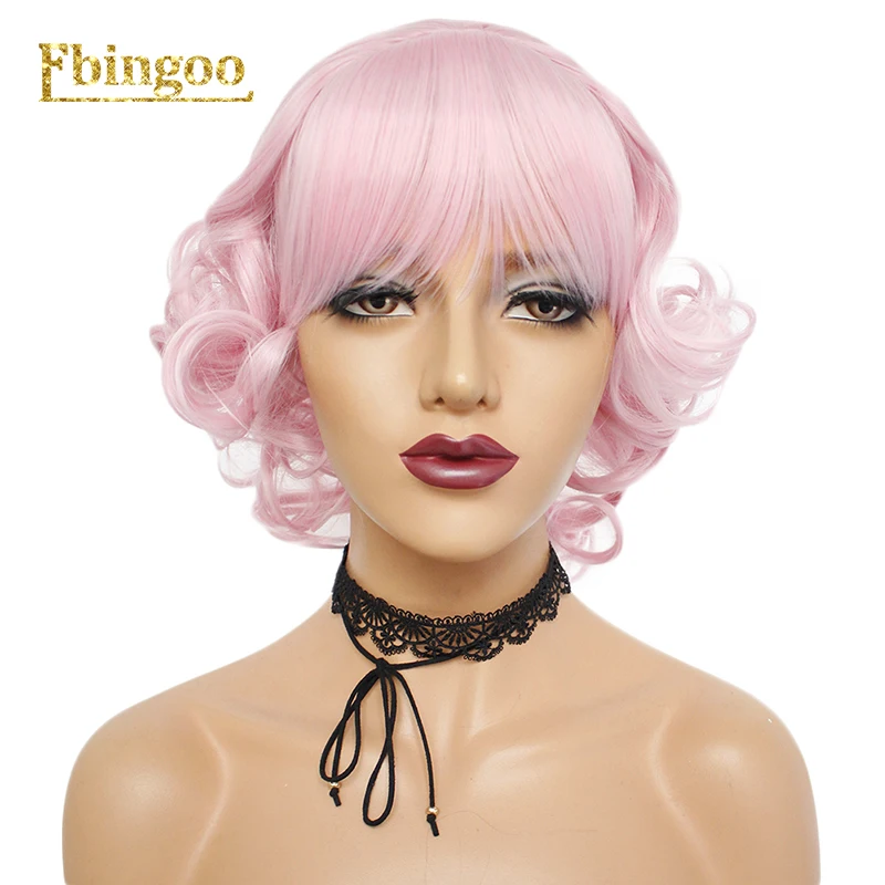 

Ebingoo Hair Cap+Marilyn Monroe Fashion Pink Short Curly Synthetic Cosplay Wig with Flat Bangs for Women Halloween Costume Party